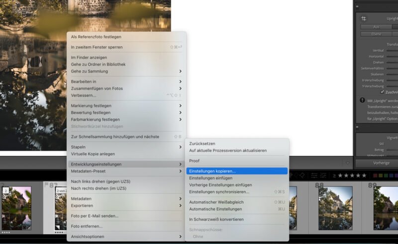 Das Menü in Lightroom zum Kopieren der Einstellungen öffnen