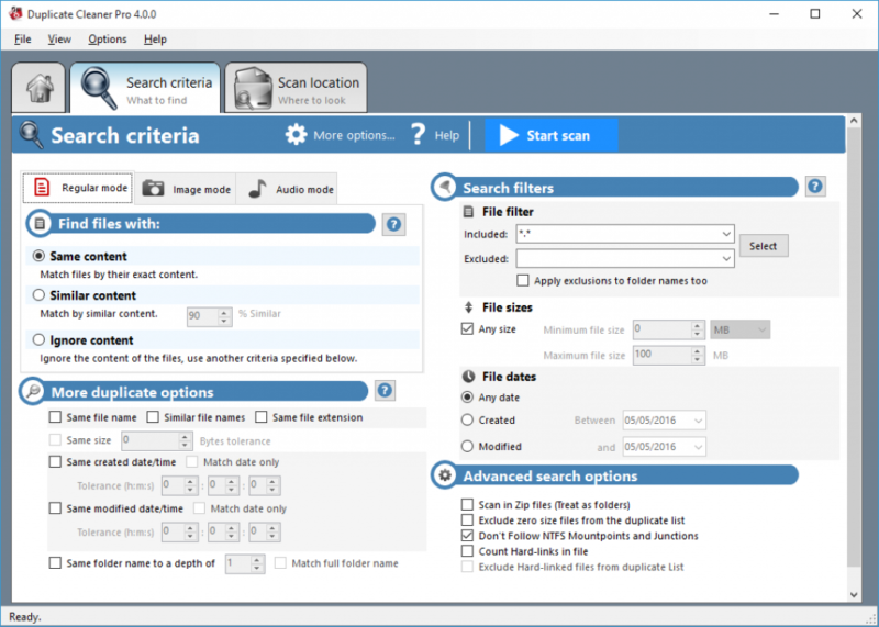 Doppelte Bilder finden - Printscreen mit Suchoptionen von Duplicate Cleaner